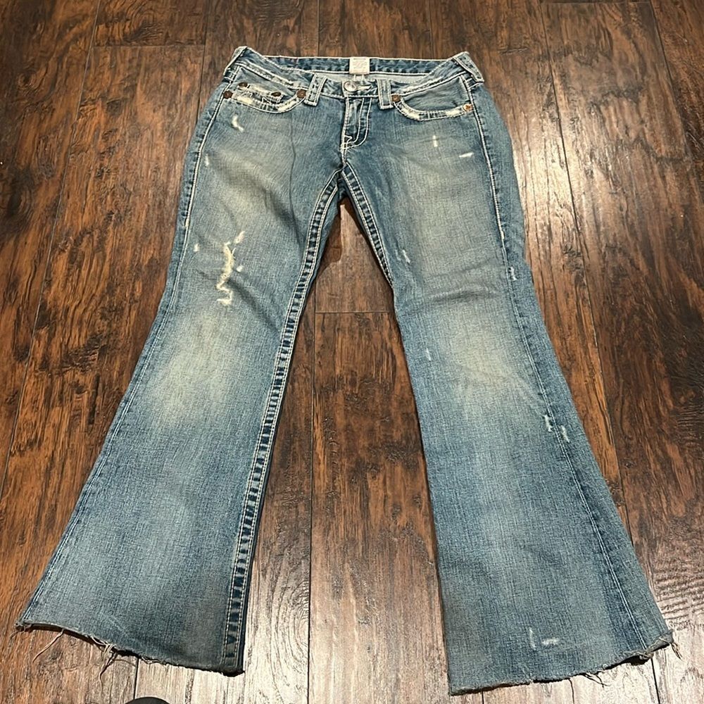 True religion Bobby jeans size 29 by 31 distressed made in USA raw hem in GUC